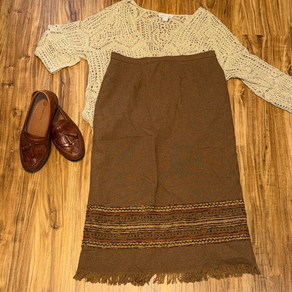 Sag Harbor women skirt 12p 12 petite Brown Fringe Maxi Skirt Woven Trim wool